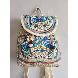Mini Beige Embroidered Flower Backpack Travel Handbag Shoulder Bag Purse